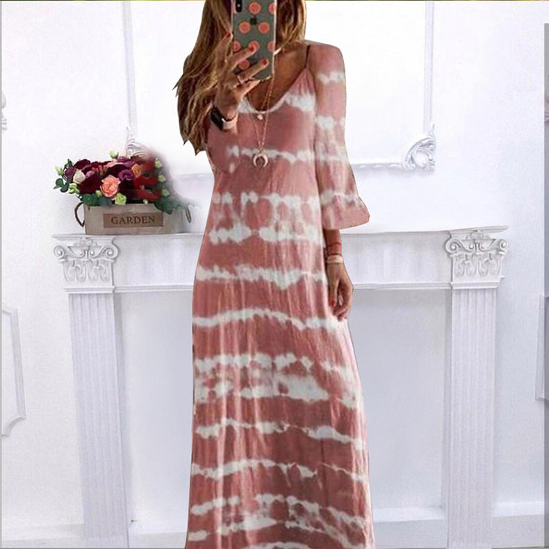 Summer New Loose Striped V Neck Pullover Printed Dress Long Dress