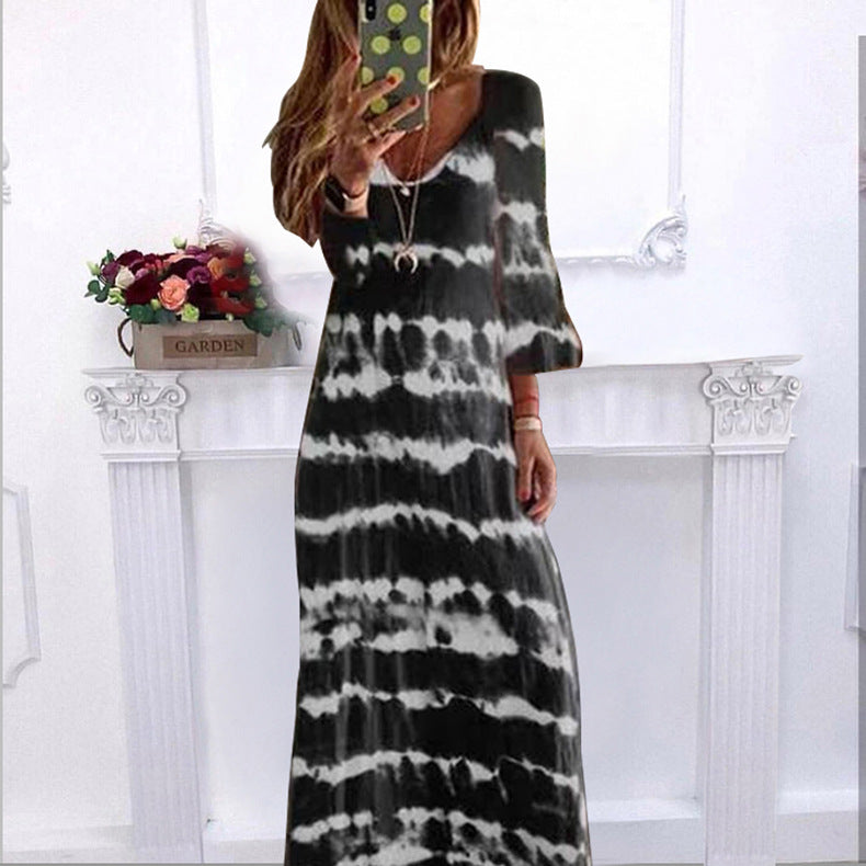 Summer New Loose Striped V Neck Pullover Printed Dress Long Dress