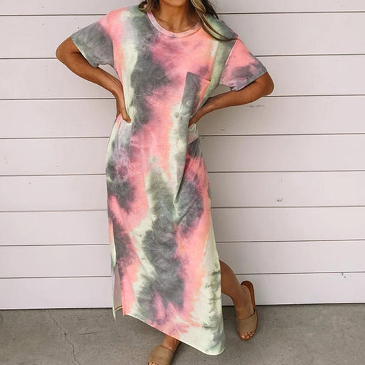 New Tie Dye Printed Split Dress Long Dress