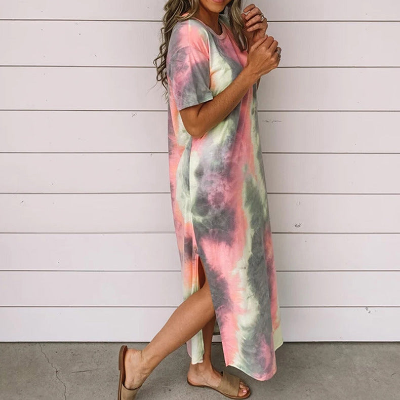 New Tie Dye Printed Split Dress Long Dress