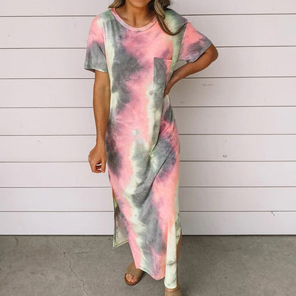 New Tie Dye Printed Split Dress Long Dress