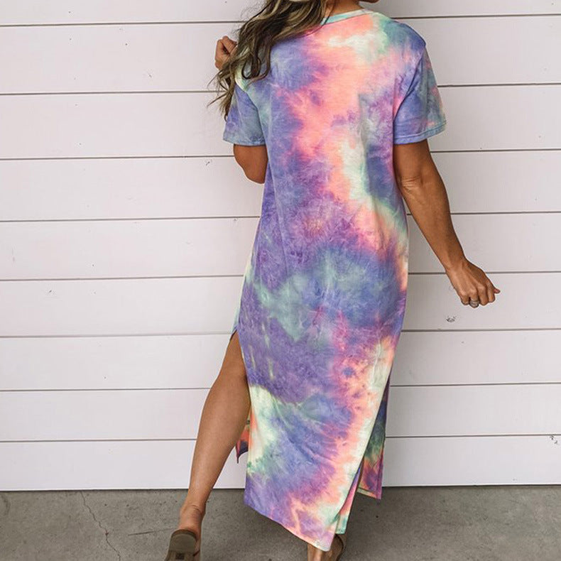 New Tie Dye Printed Split Dress Long Dress