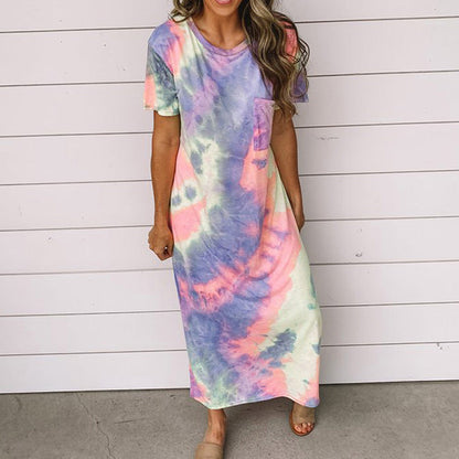 New Tie Dye Printed Split Dress Long Dress