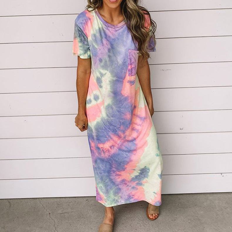 New Tie Dye Printed Split Dress Long Dress