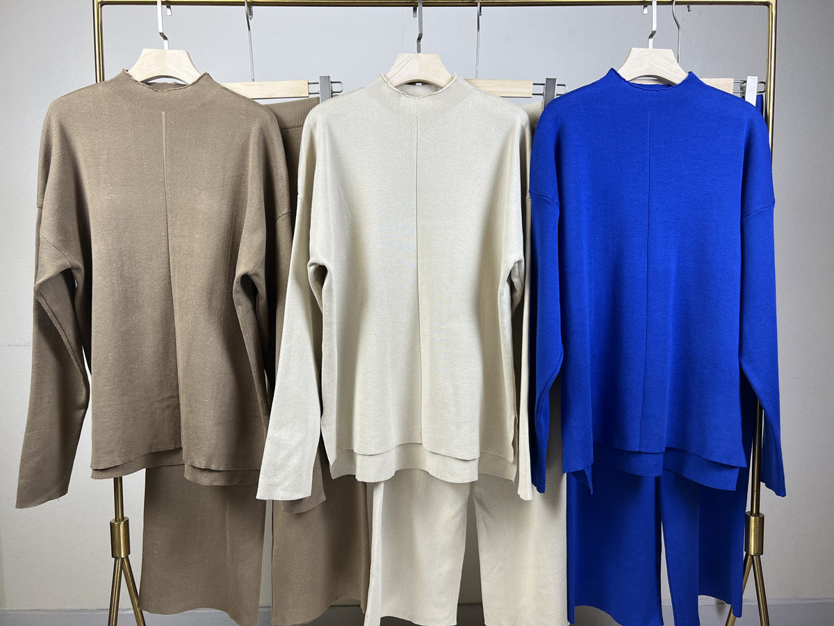 Autumn Winter Popular Long Sleeved Sweater Sets Knitted Top Trousers Two Piece Clothing