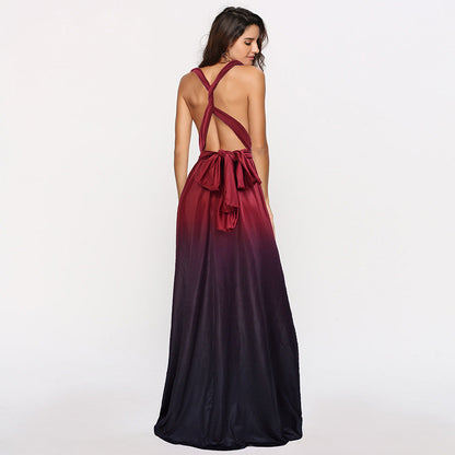 Wear More Wear Criss Cross Backless Lace-up Gradient Color Maxi Dress