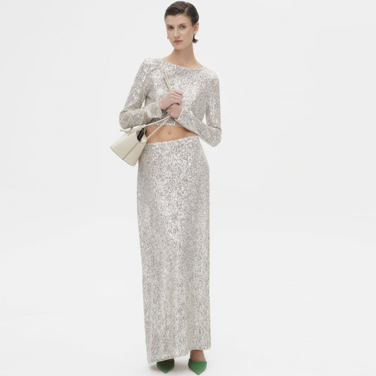Spring Autumn Popular Long Sleeve Blouse Long Skirt Sequined Set