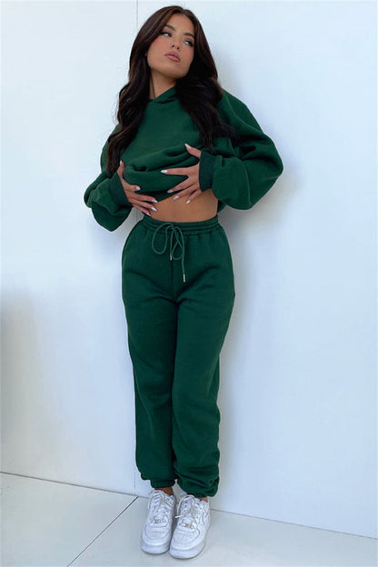Autumn Winter Color Long Sleeve Hooded Fleece Lined Sweater Trousers Sets