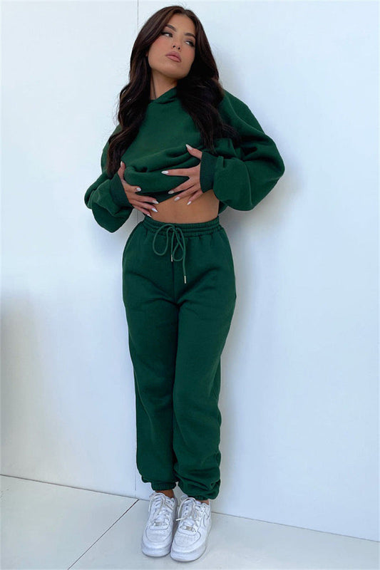 Autumn Winter Color Long Sleeve Hooded Fleece Lined Sweater Trousers Sets
