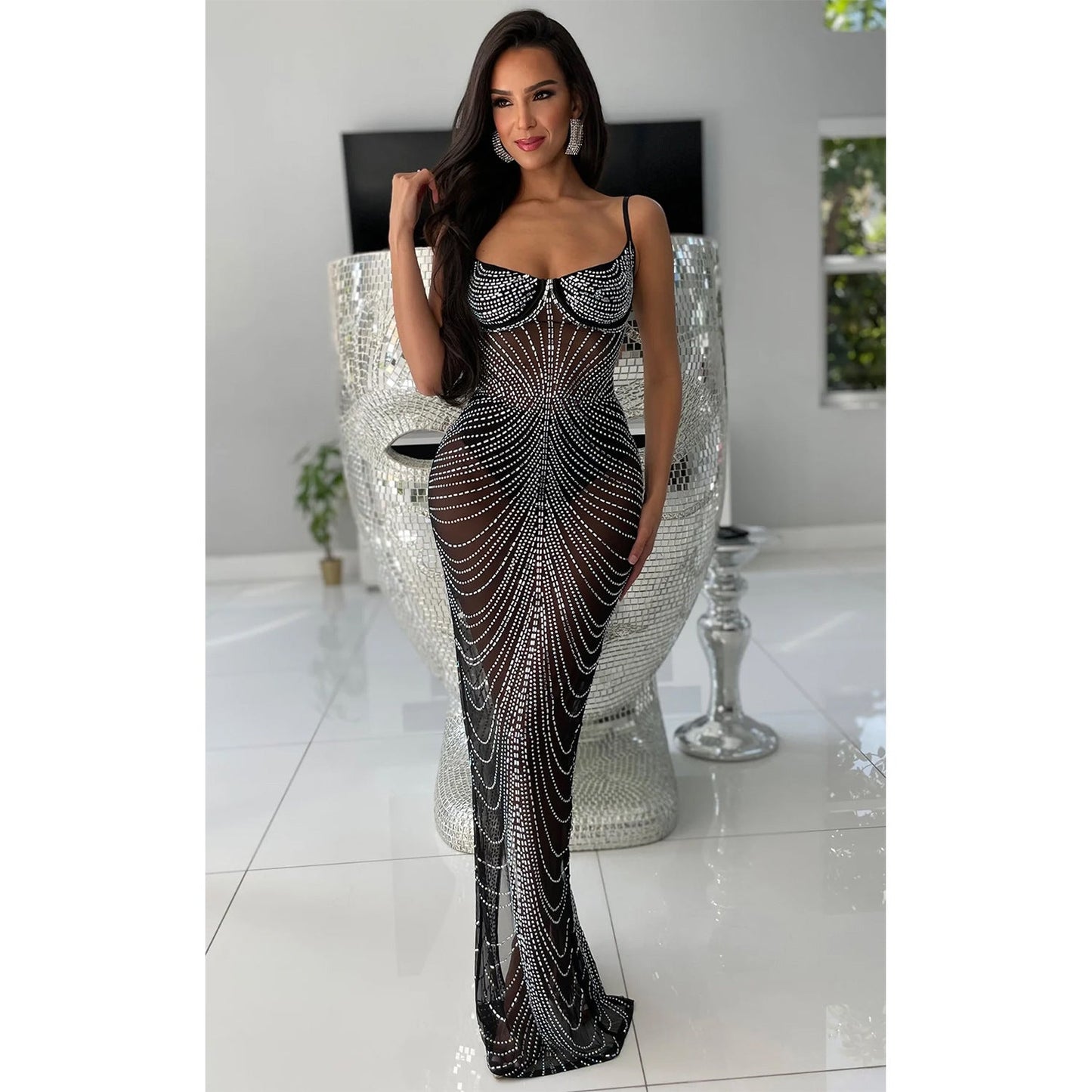Wear Color Mesh Drilling Sling Maxi Dress