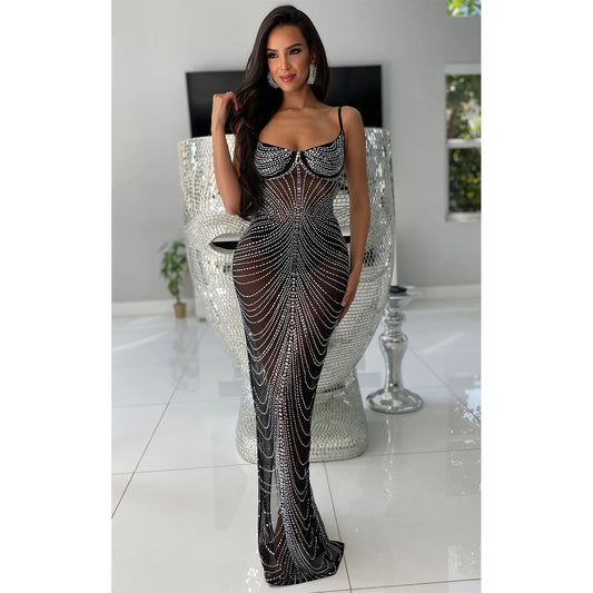 Wear Color Mesh Drilling Sling Maxi Dress