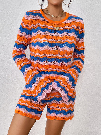 Two Piece Set Autumn Winter Stitching Knitwear Loose Color Round Neck Striped Sweater