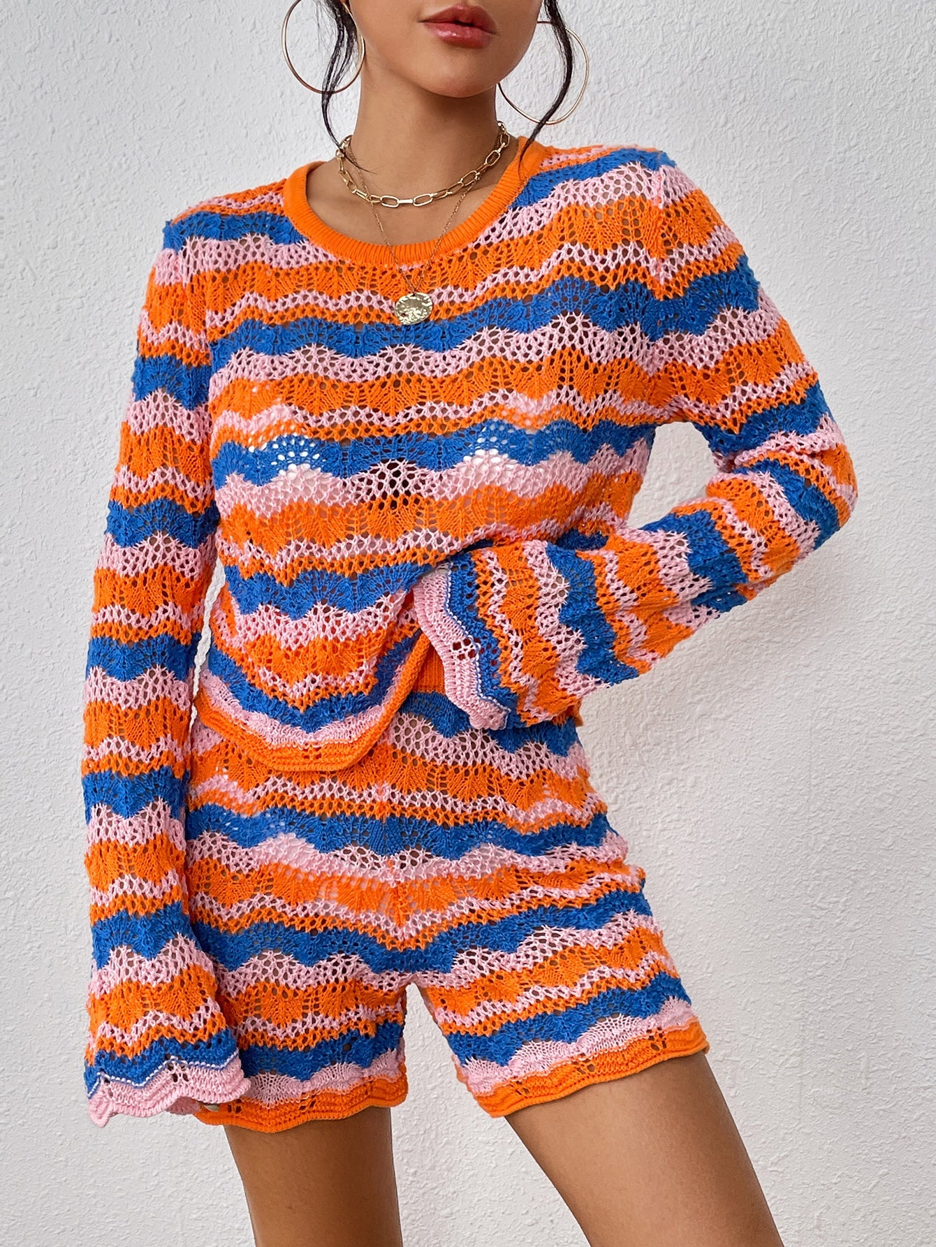 Two Piece Set Autumn Winter Stitching Knitwear Loose Color Round Neck Striped Sweater