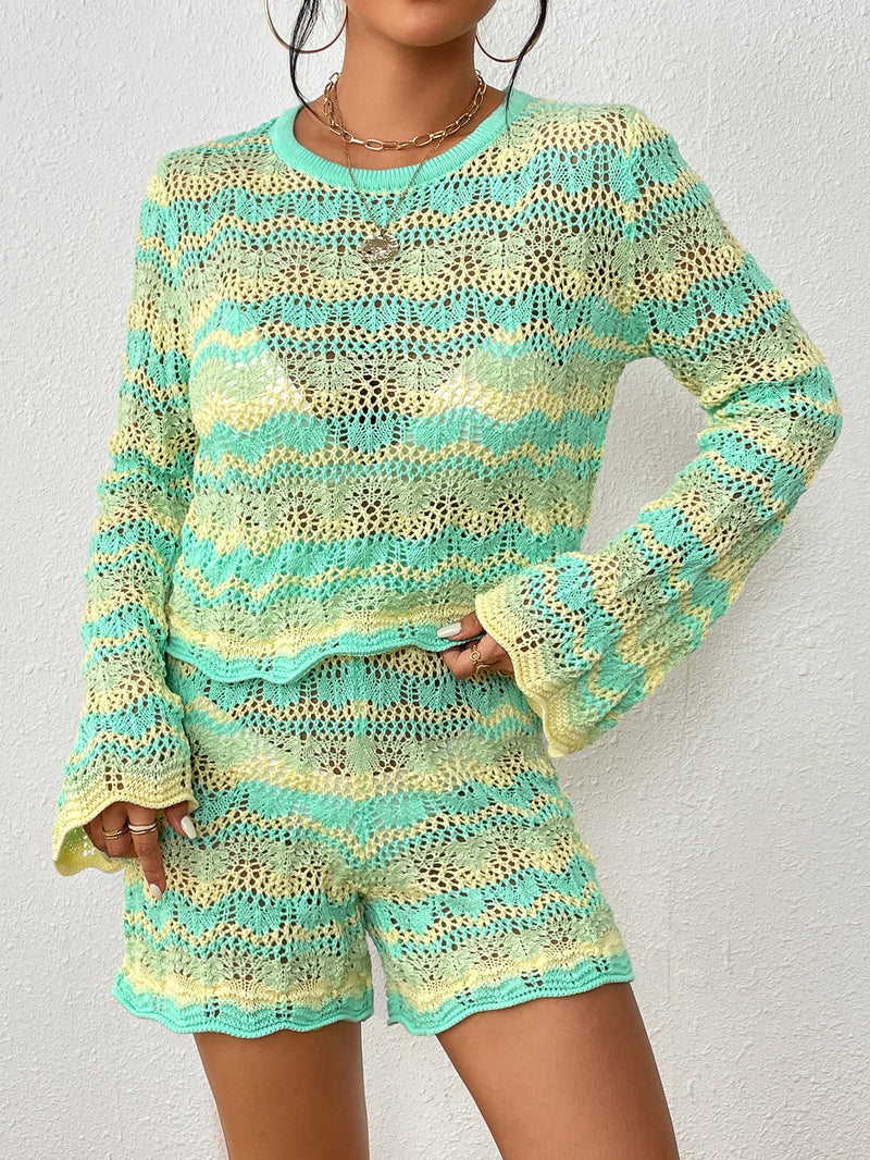 Two Piece Set Autumn Winter Stitching Knitwear Loose Color Round Neck Striped Sweater