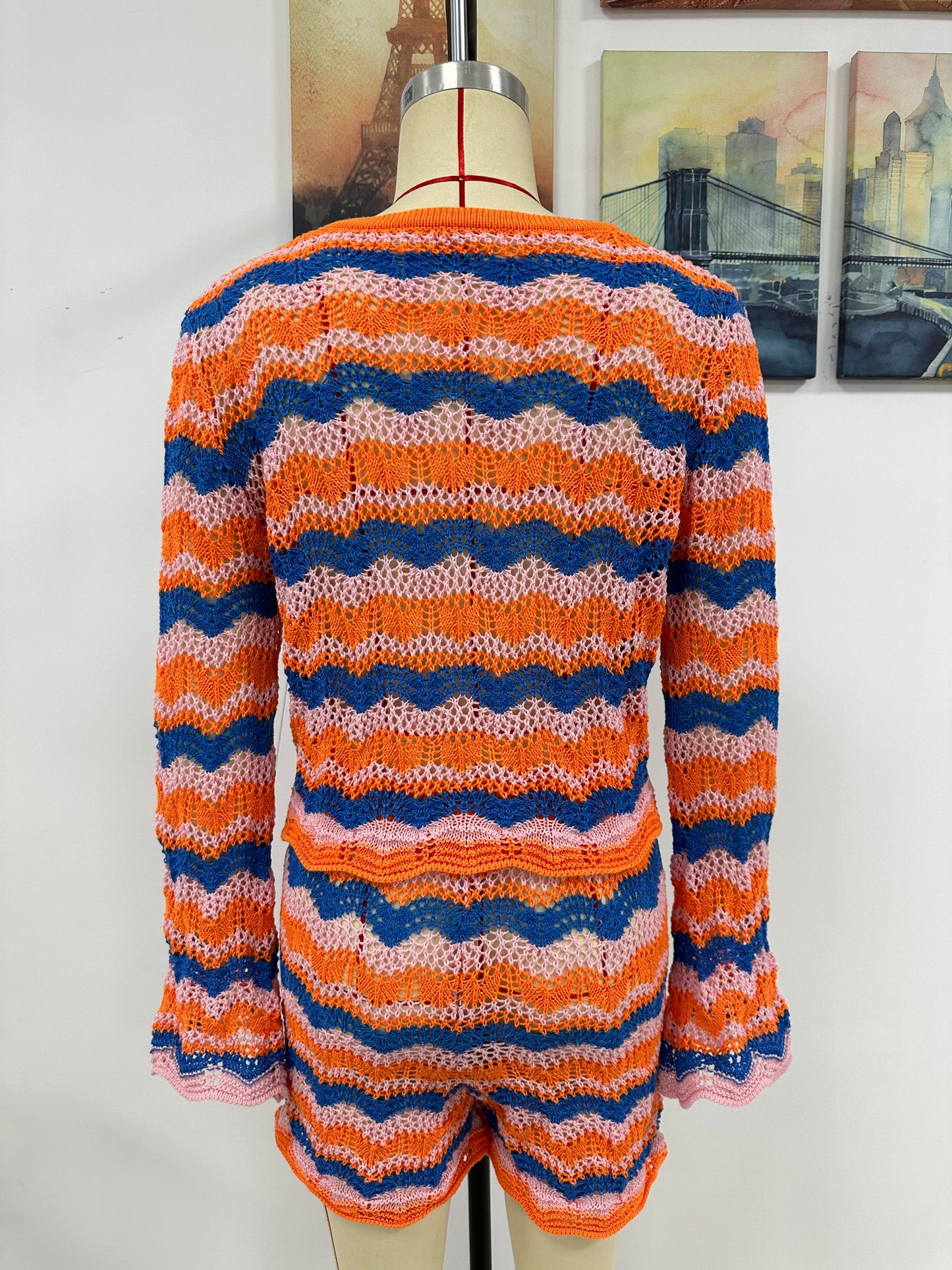 Two Piece Set Autumn Winter Stitching Knitwear Loose Color Round Neck Striped Sweater