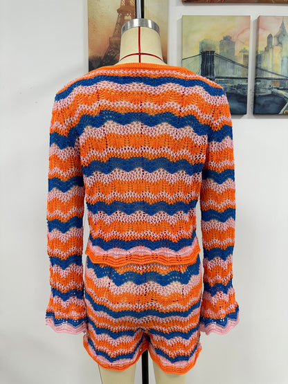 Two Piece Set Autumn Winter Stitching Knitwear Loose Color Round Neck Striped Sweater