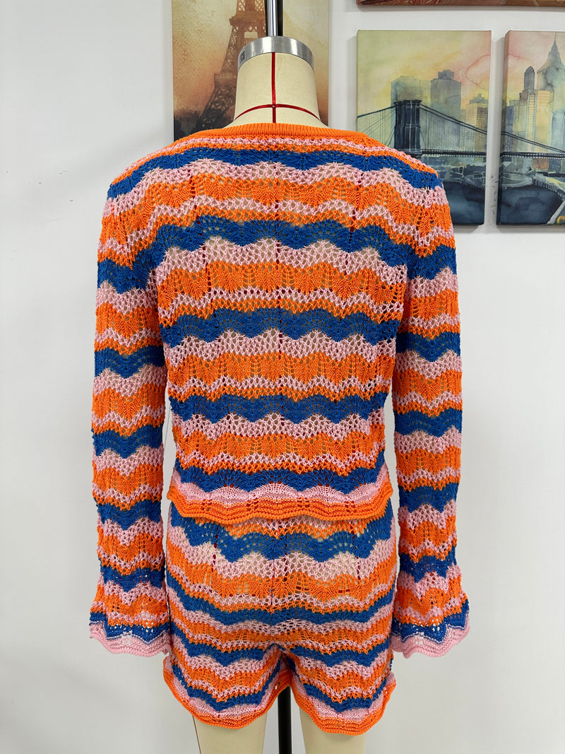 Two Piece Set Autumn Winter Stitching Knitwear Loose Color Round Neck Striped Sweater