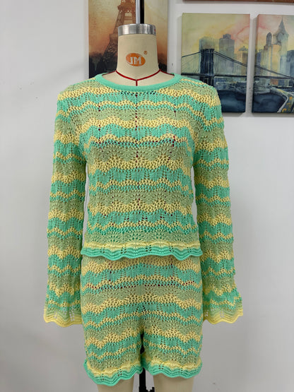 Two Piece Set Autumn Winter Stitching Knitwear Loose Color Round Neck Striped Sweater