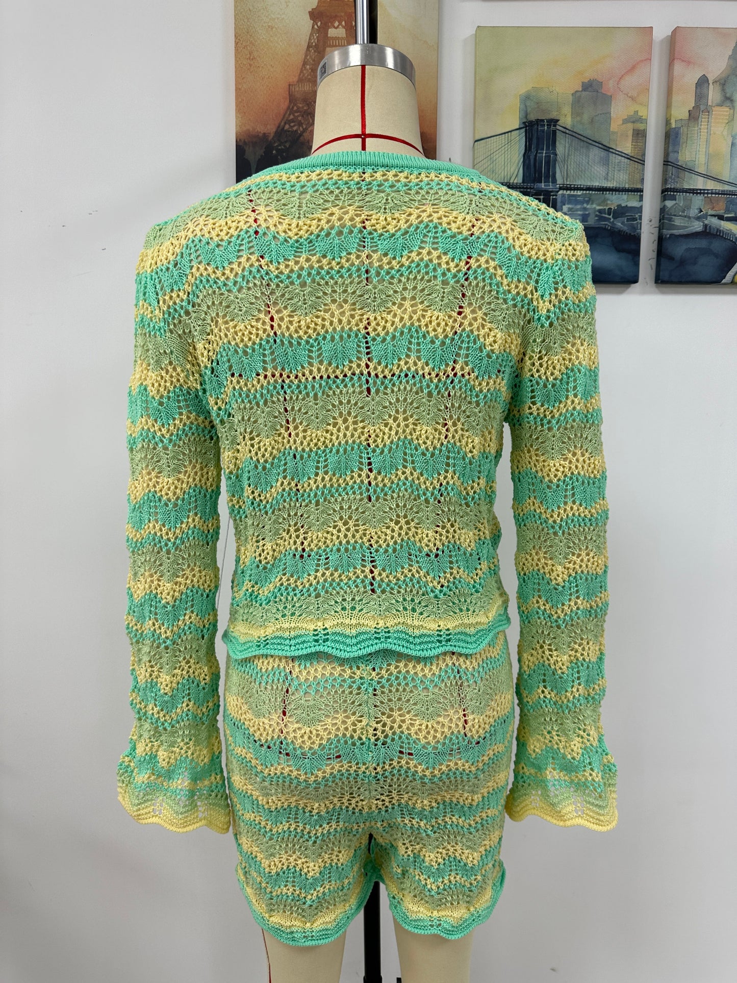 Two Piece Set Autumn Winter Stitching Knitwear Loose Color Round Neck Striped Sweater