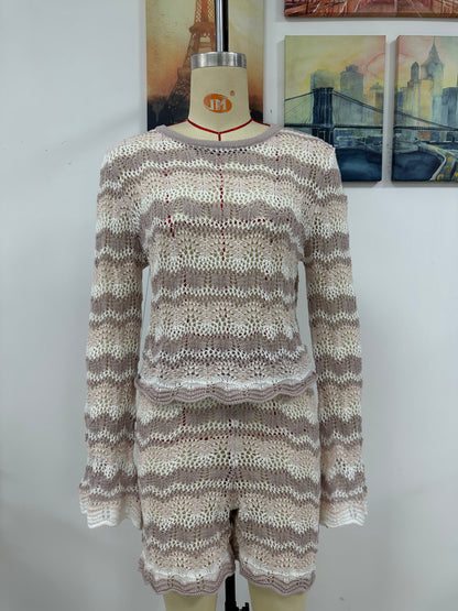 Two Piece Set Autumn Winter Stitching Knitwear Loose Color Round Neck Striped Sweater