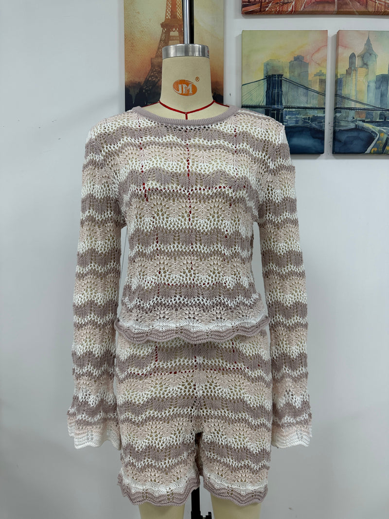Two Piece Set Autumn Winter Stitching Knitwear Loose Color Round Neck Striped Sweater
