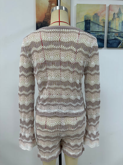 Two Piece Set Autumn Winter Stitching Knitwear Loose Color Round Neck Striped Sweater