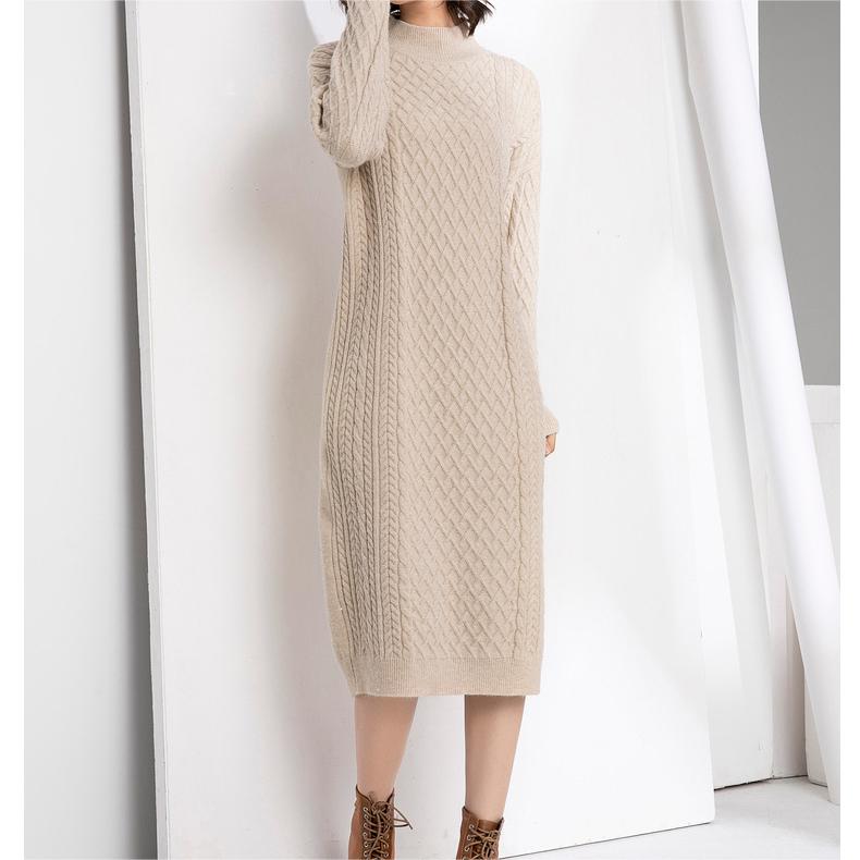 Autumn Winter Half High Collar Sweater Knitted Dress Mid Length Loose Over Knee Thickened Base Non Slit Woolen