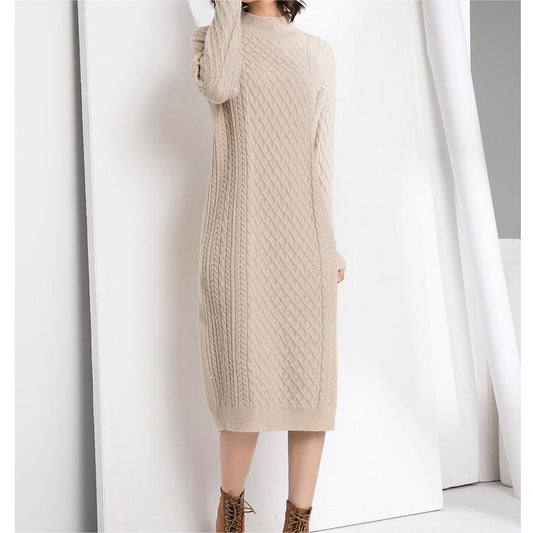 Autumn Winter Half High Collar Sweater Knitted Dress Mid Length Loose Over Knee Thickened Base Non Slit Woolen