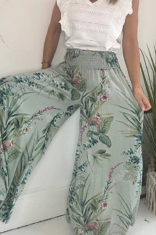 Summer Garden Botanical Print Smocked Waist Wide Leg Palazzo Pants