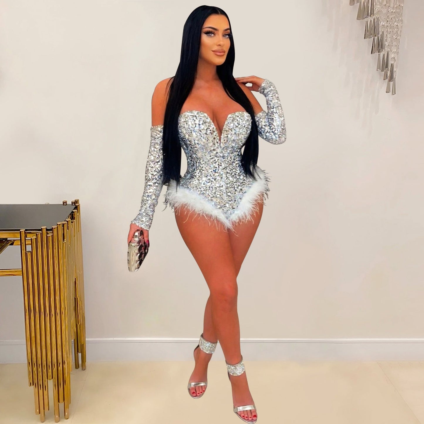 Wear Color Sequin Long Sleeve Shorts Jumpsuit