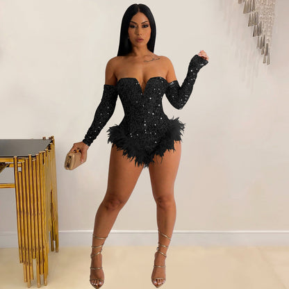 Wear Color Sequin Long Sleeve Shorts Jumpsuit