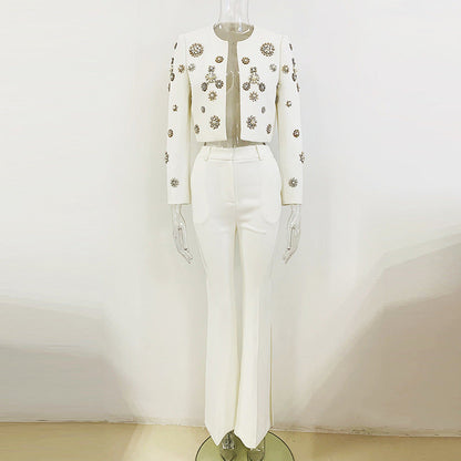 Round Neck Heavy Industry Beads Short Jacket Split Flared Pants Blazer Suit Set