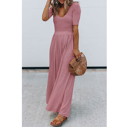 Clothing New Round Neck Short Sleeve Long Pattern Jumpsuit