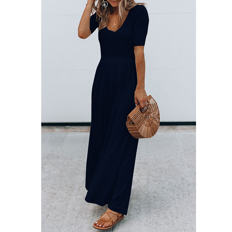 Clothing New Round Neck Short Sleeve Long Pattern Jumpsuit