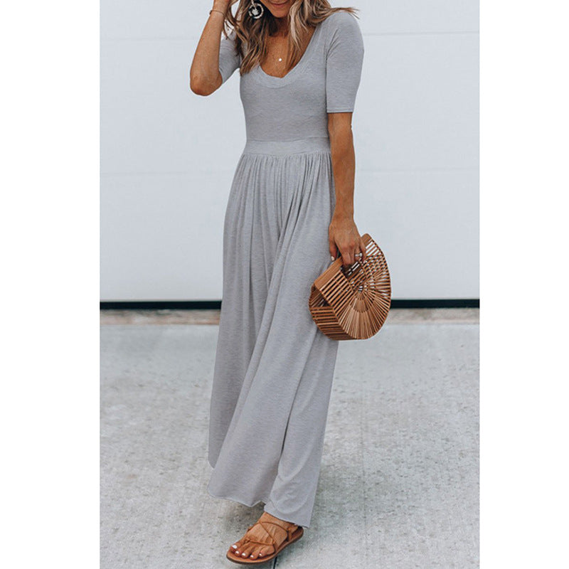 Clothing New Round Neck Short Sleeve Long Pattern Jumpsuit