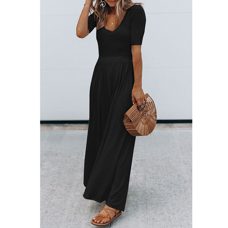 Clothing New Round Neck Short Sleeve Long Pattern Jumpsuit
