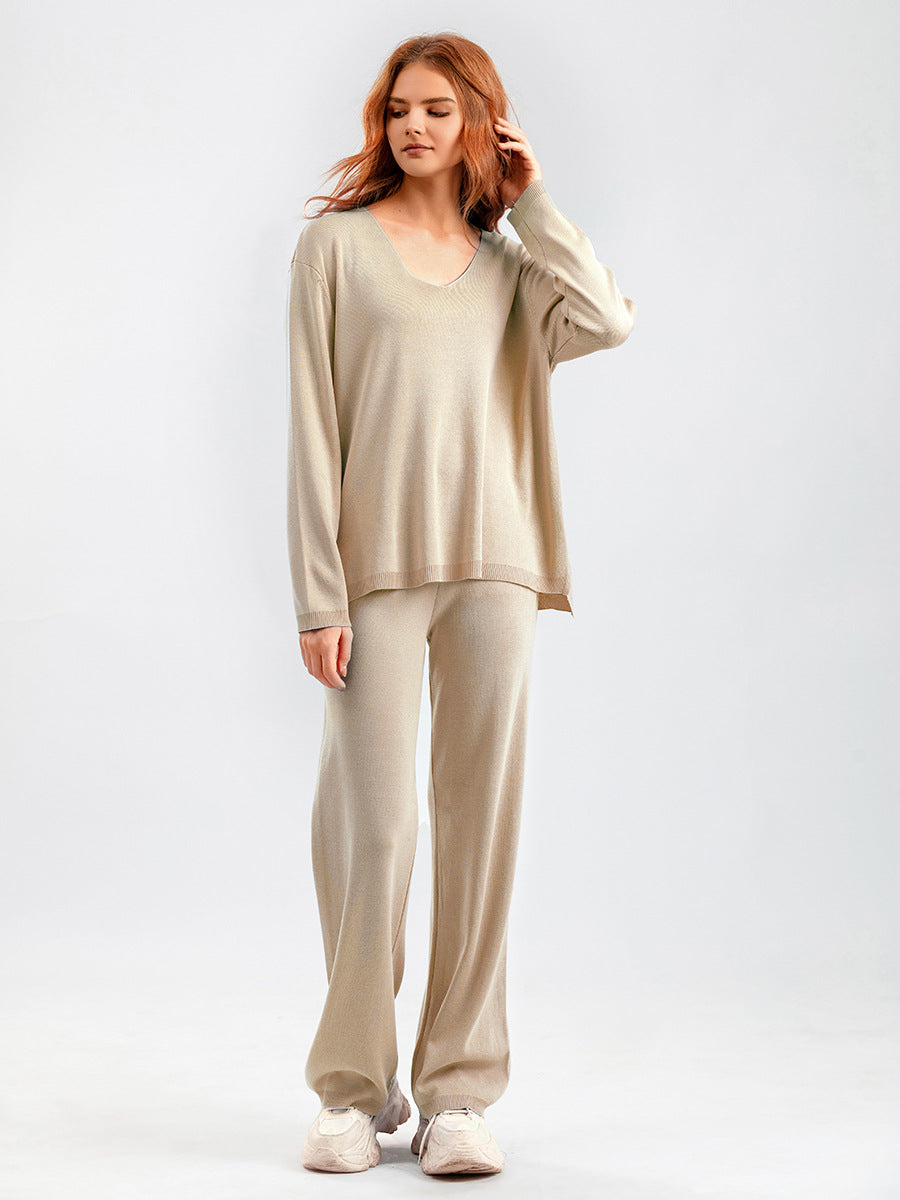 Color V Neck Ice Silk Suit Spring Autumn Loose High Waist Two Piece Sweater