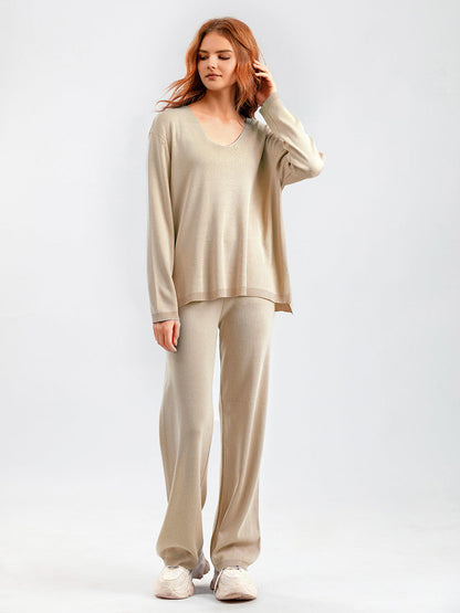 Color V Neck Ice Silk Suit Spring Autumn Loose High Waist Two Piece Sweater