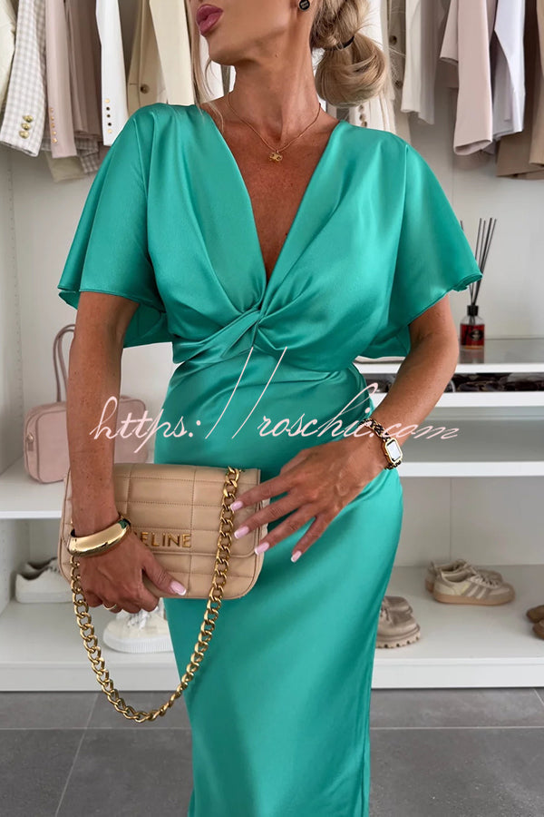 Satin Color V-neck Cross Knot Slim Maxi Dress
