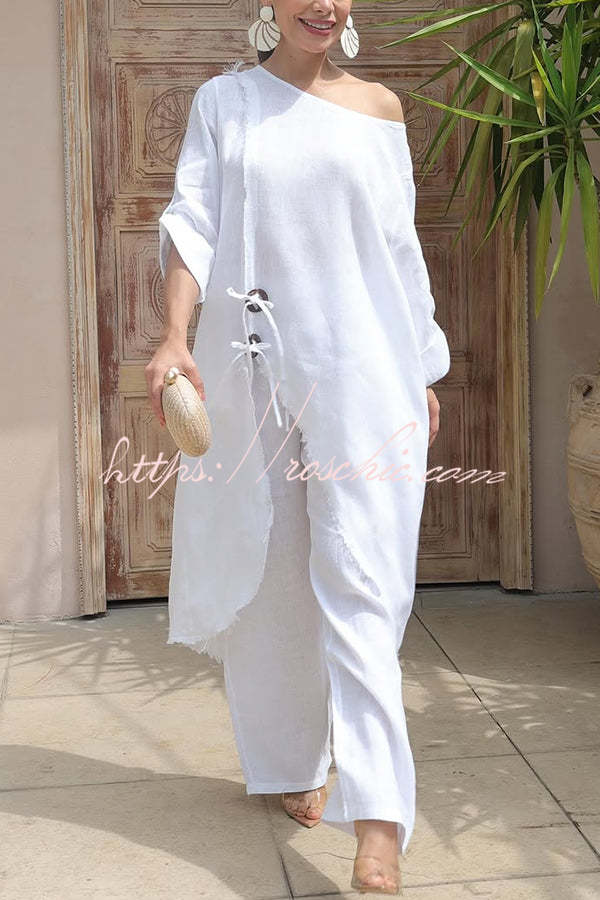 Tehla Linen Blend Ring Tie-up Detail Midi Blouse and Elastic Waist Pocketed Loose Pants Set