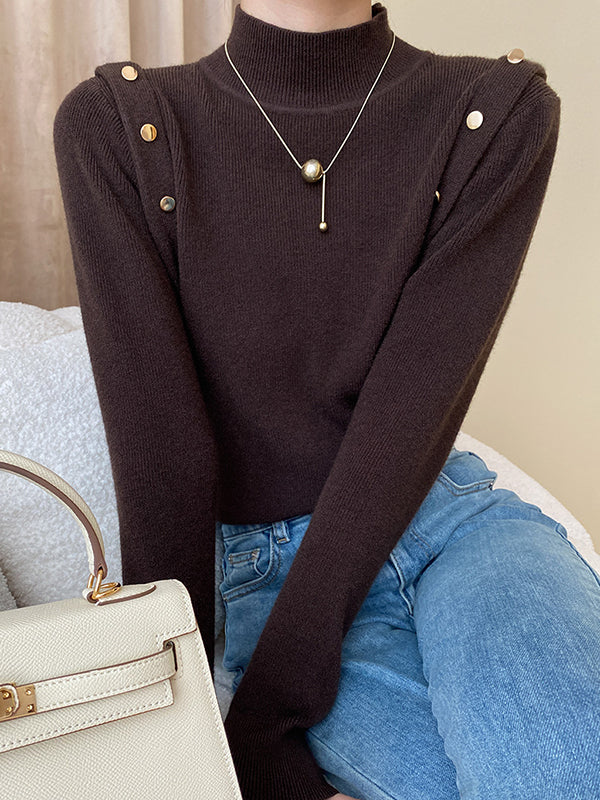 Grey High-neck Buttoned Decor Long Sleeve Knit Sweater An1050