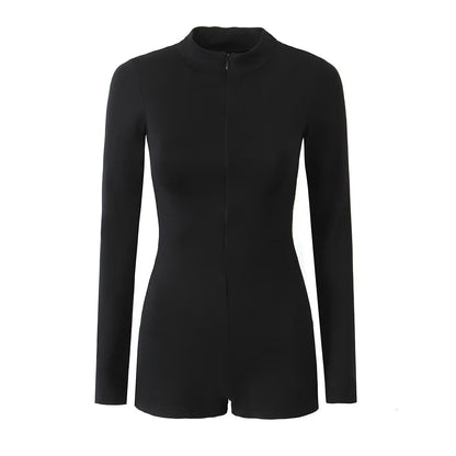 Summer Clothing Long Sleeve Zipper Slim Fit Jumpsuit Shorts