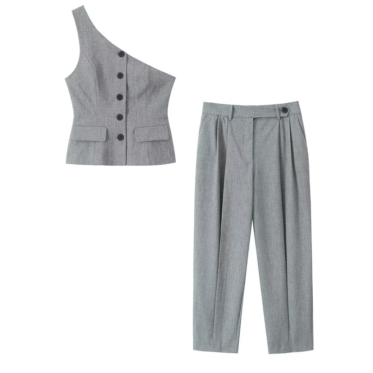 Fall Clothing Asymmetric Vest Pleated Design Skinny Pant Suits