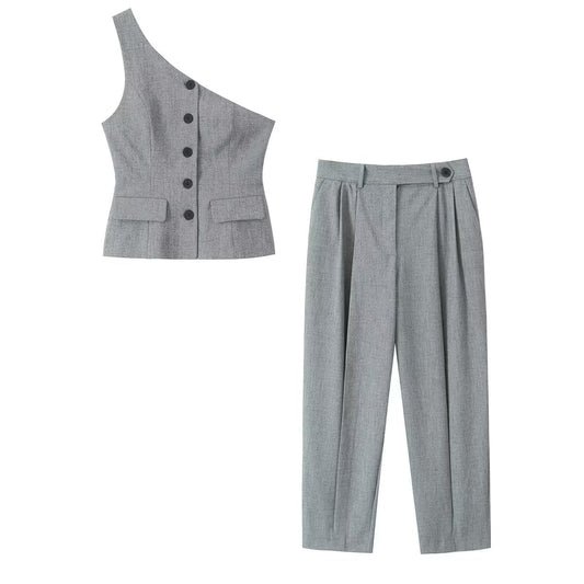 Fall Clothing Asymmetric Vest Pleated Design Skinny Pant Suits