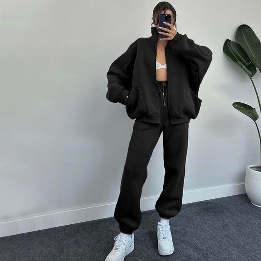 Autumn Winter Color Stand Collar Cardigan Long Sleeve Sweaters Clothing Trousers Suit