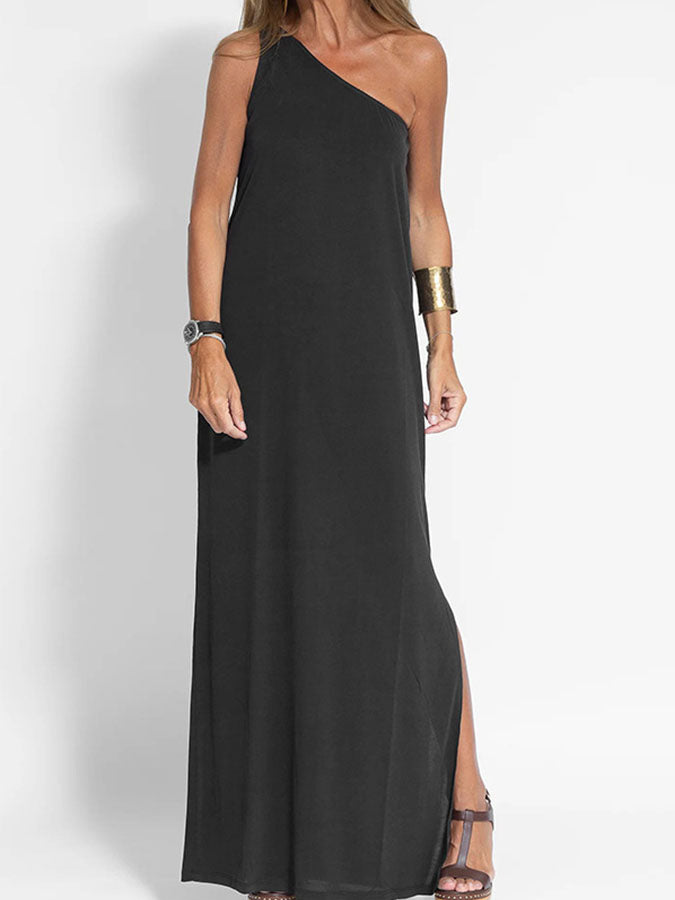 One-shoulder Slit Color Vest Maxi Dress