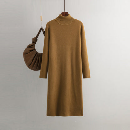 Knitted Dress Autumn Winter Mid Length Loose Turtleneck Color Base Sweater Dress