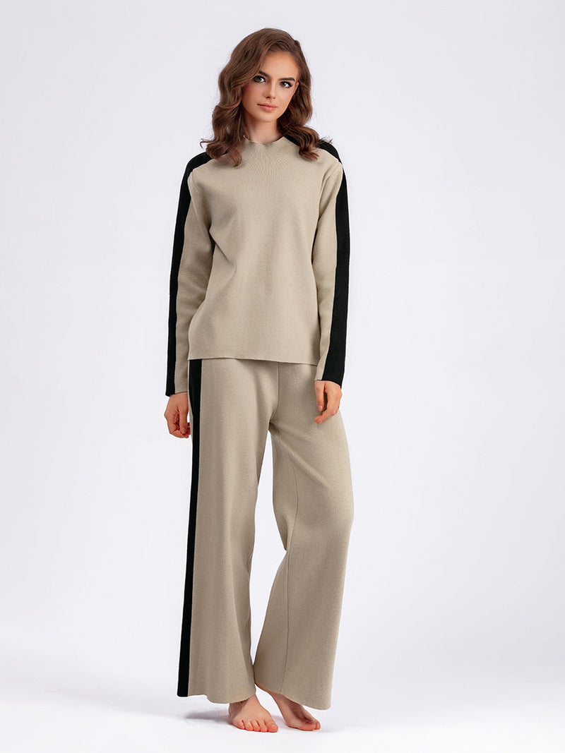 Neck Sweater Suit Autumn Winter Color Contrast Patchwork Cropped Pants Two Piece Suit