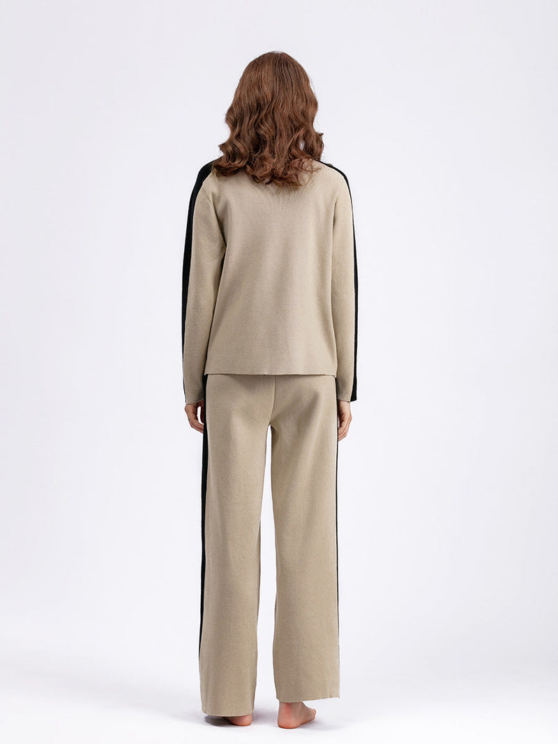 Neck Sweater Suit Autumn Winter Color Contrast Patchwork Cropped Pants Two Piece Suit