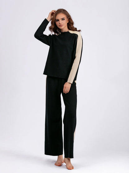 Neck Sweater Suit Autumn Winter Color Contrast Patchwork Cropped Pants Two Piece Suit